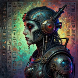 scary, art by william rotsler and julie bell, trending on artstation, psychedelic lighting side view fresco, trending on artstation, industrialpunk portrait, hieroglyphics