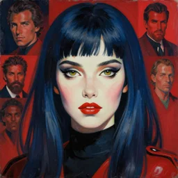retro 7 0's badass spacegirl, beautiful portrait, centered face, by thomas river and mike huddleston, pascal blanche illustration, dark blue and red, hajime sorayama, greg rutkowski, peter mohrbacher, mike mignola, moebius, intricate oil painting