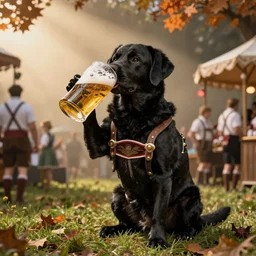 a black Labrador in lederhosen drinking beer at Octoberfest