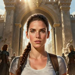 face portrait of concentrated young Sandra Bullock as Lara Croft entering the large Minas Tirith gate, sun beams, epic, intricate, elegant, highly detailed, sharp digital painting, short focus, Boris Villejo, Julie Bell, Rowena Morrill, Patrick Jones, Keith Parkinson, Brom, Donato, Stephen Hickman, Don Maitz, Greg Hildebrandt