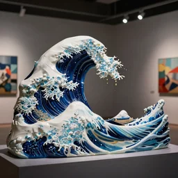 photography of a kanagawa wave in 3 d resin sculpture, in a cyberpunk art gallery, cinematic lighting, volumetric lighting, by richard orlinski