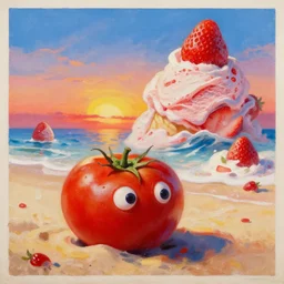 a very detailed realistic oil painting with rough brush of a lazy red burned tomato with 1 0 googly eyes on a beach, big piles of strawberry icecream surfing into the sky, a sunset by james jean in japanese poster style