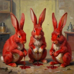 painting, 3 d bunnies thirsty for blood, red, monty python rabbit assassin, pet shop, noel coypel, emile eisman - semenowsky, edouard bisson