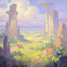 a scifi landscape painting by Thomas Kinkade and Dan Mumford,trending on artstation,intricate,2d,4k,pastel colors