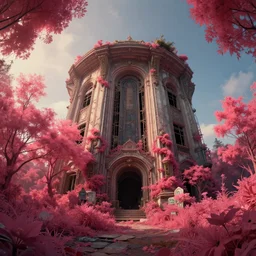 a beautiful detailed render of nature abandoned architecture backroom building by eugene boudin, futuristic fisheye retrowave at dawn flowers infrared azeroth dramatic lighting steampunk otherworldly elysian cyberpunk, archdaily, wallpaper, highly detailed, trending on artstation.