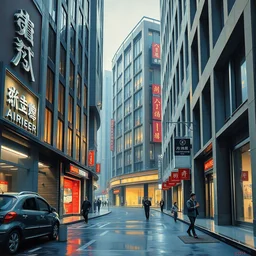 a photograph of a futuristic street scene, brutalist style architecture, straight edges, shop signs, steel and glass, finely detailed oil painting, impasto brush strokes, soft light, 8 k, dramatic composition, dramatic lighting, sharp focus, octane render, masterpiece, by le corbusier and adrian ghenie and jenny saville and zhang jingna