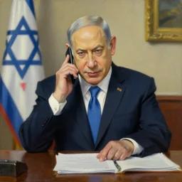 benjamin netanyahu sir on table and talk on his phone. painting