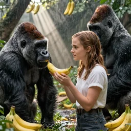 Emma Watson in a zoo with a gorilla as it is raining bananas