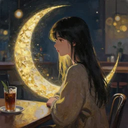 moon priestess in a cafe. gouache and gold leaf by award - winning mangaka, chiaroscuro, bokeh, backlighting, field of depth