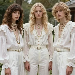 detailed photo, kitsch fashion, androgynous people in white clothes, new age, vogue, fashion photo, realistic, detailed, magnificent, 4 k, 8 k