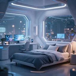 calm photo of a futuristic otaku bedroom, bokeh + calm lighting