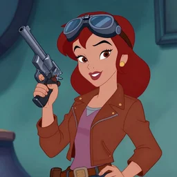 an adventuress who looks like a young Lauren Bacall with a leather jacket, machine pistol, and goggles on her forehead in the style a character design for a Disney cartoon
