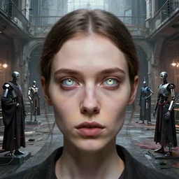 detailed face of a woman with opalescent eyes in a brutalist courtyard with robotic bishops at a science expo, atmospheric, ambient, pj crook, syd mead, livia prima, artgerm, greg rutkowski, nick alm, casey baugh