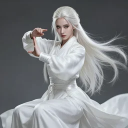 beautiful european warrior lady wearing hanfu in a tai chi pose, platinum blonde long hair, shiny white skin, demonic eyes, low fantasy, extremely detailed, sharp focus, smooth, digital illustration, by rossdraws, frank franzzeta, sakimichan