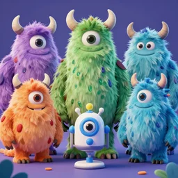 hyperrealistic concept sheet of cute colorfull digital 3 d family monsters for kids assisting a concept machine in the style of james jean and wlop, simple smooth shapes and forms, masterpiece, award - winning, sharp focus, intricate concept art, ambient lighting, 8 k, artstation