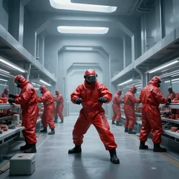 red hazmat, in an underground facility, sterile, MC Escher style architecture, human farm, action shot, cinematic, unreal engine, concept art