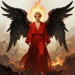 symmetrical fullbody portrait of a beautiful young fit male angel with curly blond hairs, fulldressed in long fluent red clothes, majestic big black demon wings, luminous fire halo, by greg rutkowski and alphonse mucha, gradient white to gold, in front of an hellish landscape background, highly detailed portrait, digital painting, artstation, concept art, smooth, sharp focus illustration