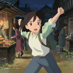 anime visual, portrait of a young female traveler in a busy medieval village exterior shopping, low light, cute face by ilya kuvshinov, yoh yoshinari, makoto shinkai, dynamic pose, dynamic perspective, cel shaded, flat cel shading mucha, rounded eyes, crisp smooth clean lines, dramatic