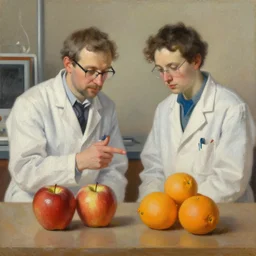 oil painting of scientists comparing apples and oranges,