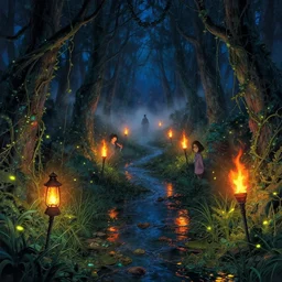 technicolor swamp at night, path, laterns, torches, fire flies, bioluminescence, vines, fire, stream, fog, by takehiko inoue and kim jung gi and hiroya oku by thomas kinkade and greg rutkowski and ilyaku, trending on artstation, photorealistic, octane, hyper detailed, trending on deviantart insane details, intricate, elite,