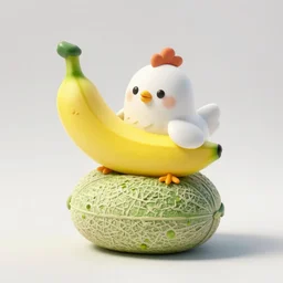 kawaii yellow banana is also a cute white chicken standing on a green melon japanese pastry, studio photography with even lighting on a white background