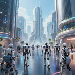 a futuristic japanese city with robot civilians