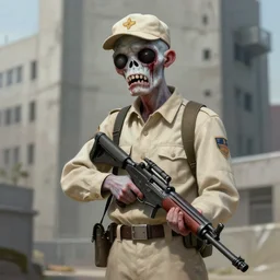 pale bleeding zombie postman single in beige uniform with background burtalist concrete building by greg rutkowski trending on artstation digital painting highly detailed 4 k 8 k hd holding bullpup