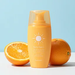 suncream with orange, curvy bottle for sensitive skin