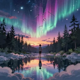 konpaku walking in cloud pond forest dusk, fractal dreamscape, shattered sky cinematic, shooting stars, aurora borealis mirror reflection, vibrant colors, digital anime illustration, award winning, by makoto shinkai