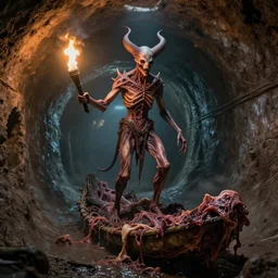 airbrush baphomet, sewage tunnels with primitive flesh, leggy, raft, of rotten flesh, syd mead, enric torres, hyper realism, narrative light, muted colors, epic, hyper detailed, awe inspiring, award winning horror, torch lighting, hyper realism, cinematical