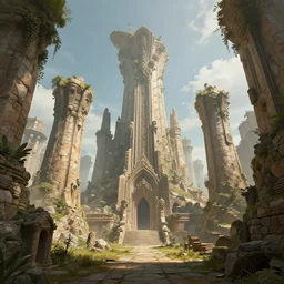 An ancient ruin site from a fantasy world, tall unique architecture, digital art