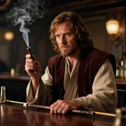 Obi-Wan Kenobi smoking a death stick at a bar