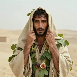 cinematic still of hiding middle eastern skinned frightened man wearing fig leaves for clothing, paradise background, from Biblical epic by Steven Spielberg