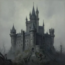 cinematic view of a spooky gothic castle, towers, desaturated, psychedelic, tim hildebrandt, wayne barlowe, bruce pennington, donato giancola, larry elmore, oil on canvas, masterpiece, trending on artstation, featured on pixiv, cinematic composition, dramatic, beautiful lighting, sharp, details, hyper - detailed, hd, hdr, 4 k, 8 k