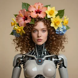 a beautiful fine art RPG portrait photo of a  robot female cyborg, spread out curly hair covered by hibiscus, daffodils, hydrangea, montsera leaves by tom bagshaw and zach sutton, golden ratio composition, soft studio lighting, soft vignette, 50mm lens, very detailed, bionic, cybernetic scifi, deep depth of field, artstation, 8K