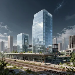 a beautiful photorealistic illustration of railroad station nature industrial architecture city urbex unfinished building abandoned building by ben van berkel, landscape vice city made of glass cosmic, archdaily, wallpaper, highly detailed, trending on artstation.