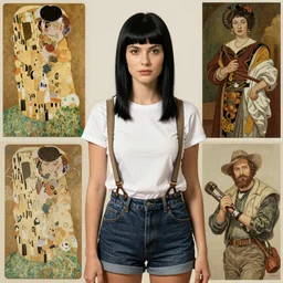 a woman with black hair and long pixie haircut in shorts with suspenders and white t-shirt drawn by george bellows, norman rockwell, frank frazetta, maler collieri, peter paul rubens, alphonse mucha, gustav klimt 4k, unreal 5, DAZ, french noveau, trending on artstation, octane render, hyperrealistic