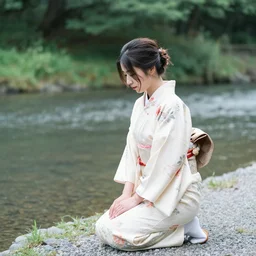 a woman in a kimono kneeling next to a river