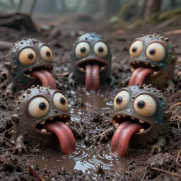 of a dark and muddy landscape with strange cute friendly creatures with big eyes, mouth, long tongue and round teeth appearing from the wet mud, in the style of Gehry, macro lens, shallow depth of field, highly detailed, digital painting, trending artstation, concept art, illustration, cinematic lighting, vibrant colors, photorealism, epic, octane render