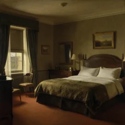 a hotel room retro style dim light, by john everett millais