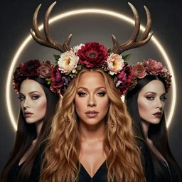 beautiful female character inspired by iceland and floral headdress mariah carey pagan wiccan viking antlers headdress twin peaks full face constructionist portrait | | digital artwork made by greg rutswork, anna dittmann and lois van barlee, symmetrical rim light, anatomically correct