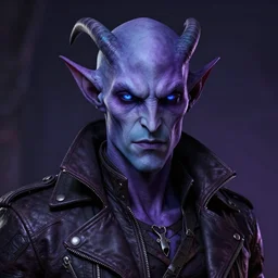 Purple and Teal skinned Tiefling, leather jacket, striking eyes, digital art