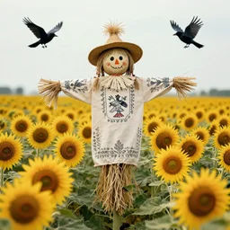 a field of sunflowers. a female scarecrow. lino print. jackdaws. folk horror