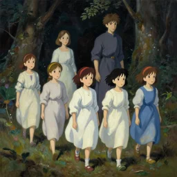 various little russian girls in dress walking in forest at night, very detailed oil painting by studios ghibli, takato yamamoto, gaston bussiere and makoto shinkai, inspired by balthus and made in abyss, anatomically correct, soft color pallet, sharp focus, extremely coherent, fantasy, realistic, smooth, suspenseful mood