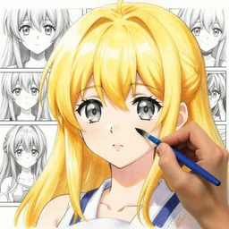 full headshot portrait of blond girl with big gray eyes draws a blue brush, drawn by wlop, by avetetsuya studios, attractive character, colored sketch anime manga panel, cirno from touhou, trending on artstation