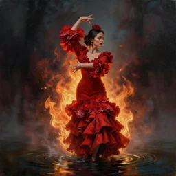 detailed oil painting of kate beckinsale as spanish flamenco dancer wearing a red dress made of flowers, flower explosion, engulfed in flames, she's standing waist deep in water, dimly lit, looking away, dark shadows, ethereal, foggy, moody, surreal, high definition, 4 k, slr