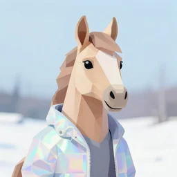 aesthetic rabbit fursona portrait, commission of a anthropomorphic male horse, fursona horse wearing stylish holographic clothes, winter armosphere, pastel simple art, low poly