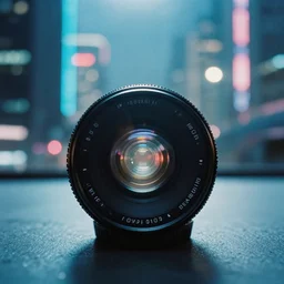 3 5 mm lens analog photography of a cyberpunk city, lens flare