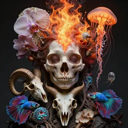 goddess close - up portrait, skull. jellyfish phoenix fire head, nautilus, orchid, ram skull, betta fish, bioluminiscent creatures, intricate artwork by tooth wu and wlop and beeple. octane render, trending on artstation, greg rutkowski very coherent symmetrical artwork. cinematic, hyper realism, high detail, octane render, 8 k