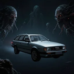 Audi 80 B3 Avant (1988) floating in the void, a eerie horror sci-fi, star citizen, hopeless, dramatic lighting, cinematic, off-world, space, zero gravity, eldritch horror creatures floating through space, lack of ground, dark, establishing shot, extremely high detail, photorealistic, cinematic lighting, artstation, by simon stalenhag